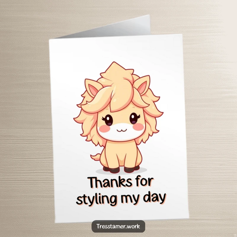 Funny free printable thank you card featuring a kawaii animal character looking fabulous with a perfectly styled, show-stopping mane.