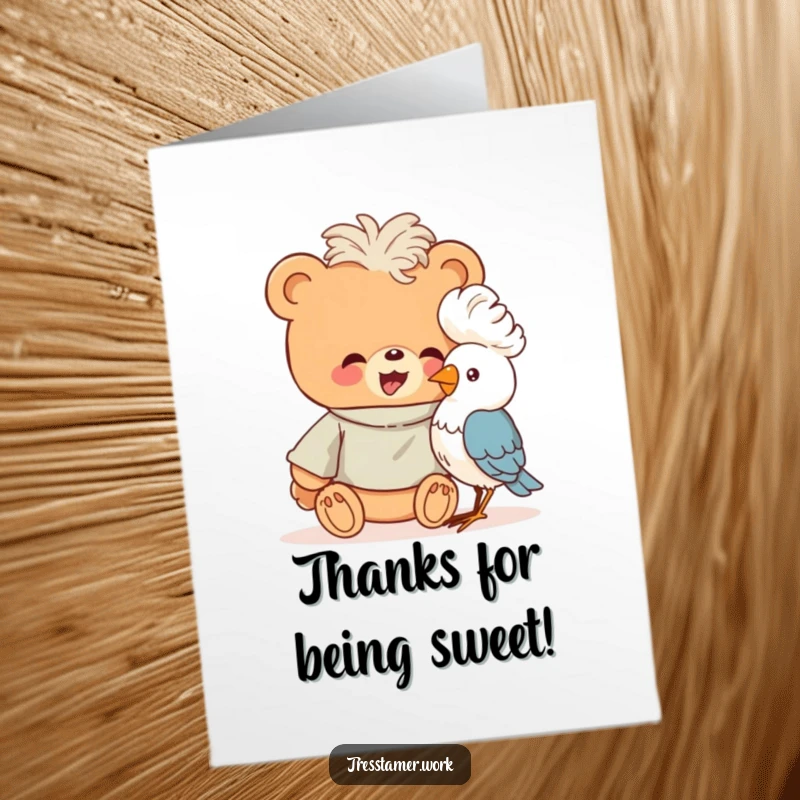 Funny Free Printable Thank You Card: Bear gives bird a perm, a humorous thank you for style.