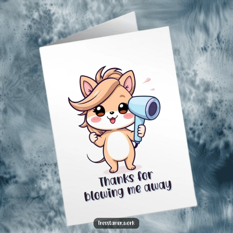 Funny Free Printable Thank You Card: Cheerful animal using a hairdryer with a gust of wind effect, thankful, funny greeting.