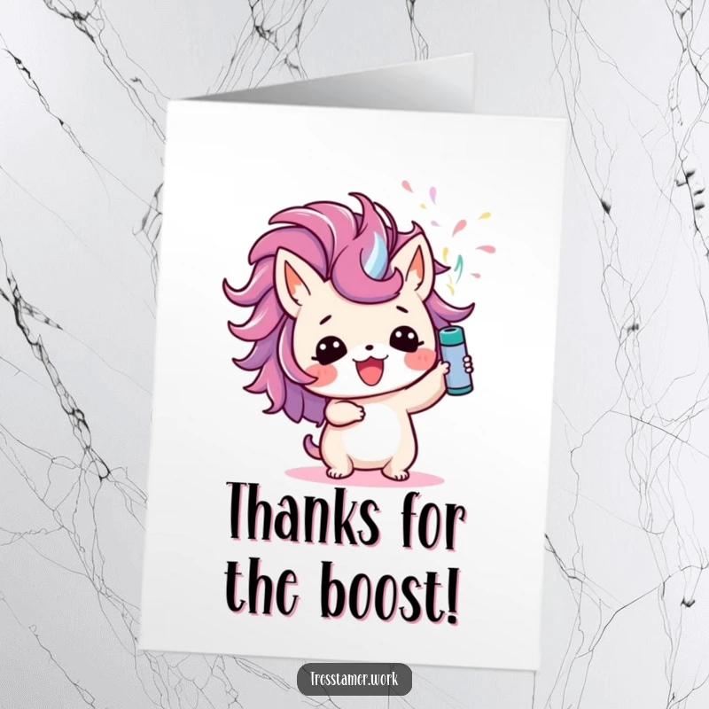 Funny Free Printable Thank You Card: Cute animal character joyfully spritzing colorful hairspray upwards.