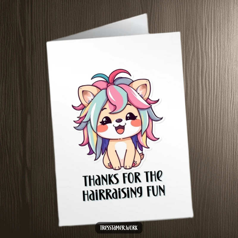 Funny Free Printable Thank You Card: Happy animal playfully styling a colorful wig, showing appreciation, funny greeting.