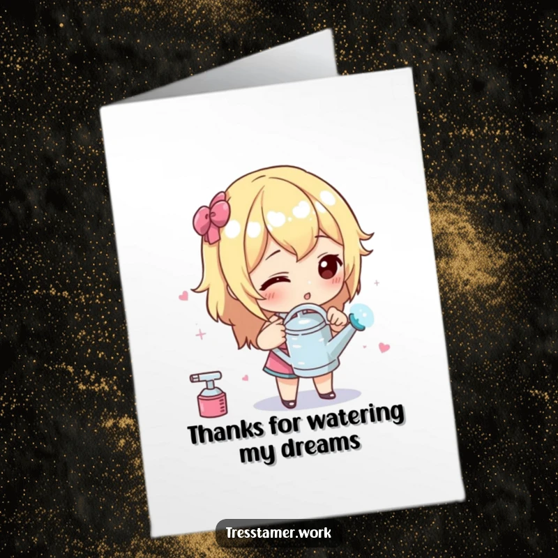 Funny free printable thank you card depicting a character using a miniature watering can to apply styling liquid with precision.