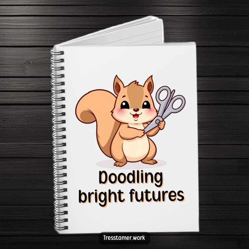 Funny cheerful squirrel trimming a rainbow with scissors, notebook for art, creative gift.