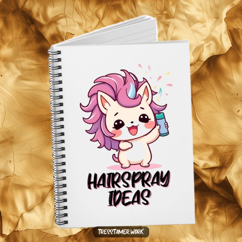 Funny notebook with a cute animal character joyfully spraying colorful hairspray upwards, designed for jotting down ideas humorously.