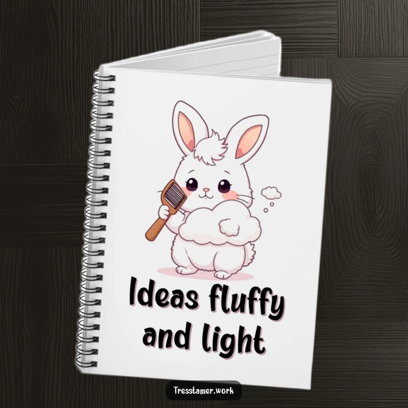 Funny fluffy bunny holding a comb, styling a cloud, notebook for journaling, creative gift.