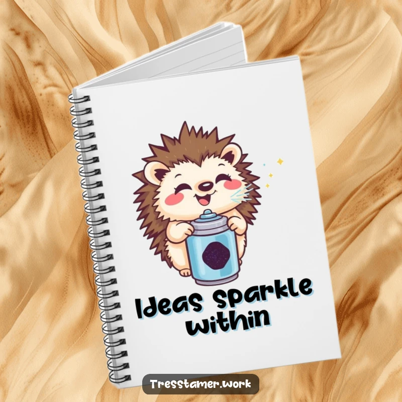Funny hedgehog notebook, joyfully spraying glitter, perfect for capturing ideas with a humorous and sparkly flair.