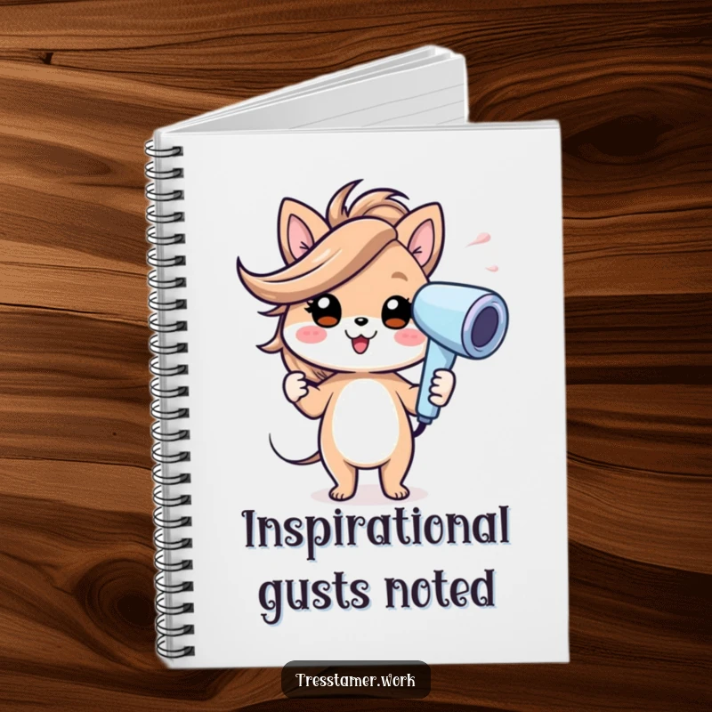 Funny notebook with a cheerful animal character using a hairdryer creating a wind effect, representing energetic styling. Ideal funny gift.