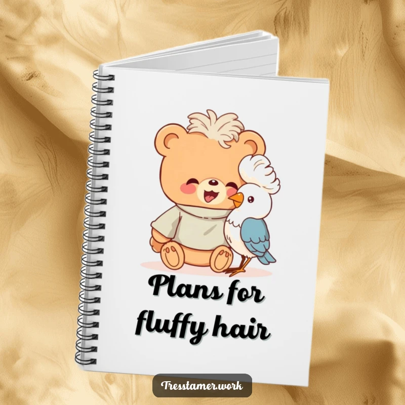 Funny giggling bear giving a bird a perm, notebook for ideas, creative gift.