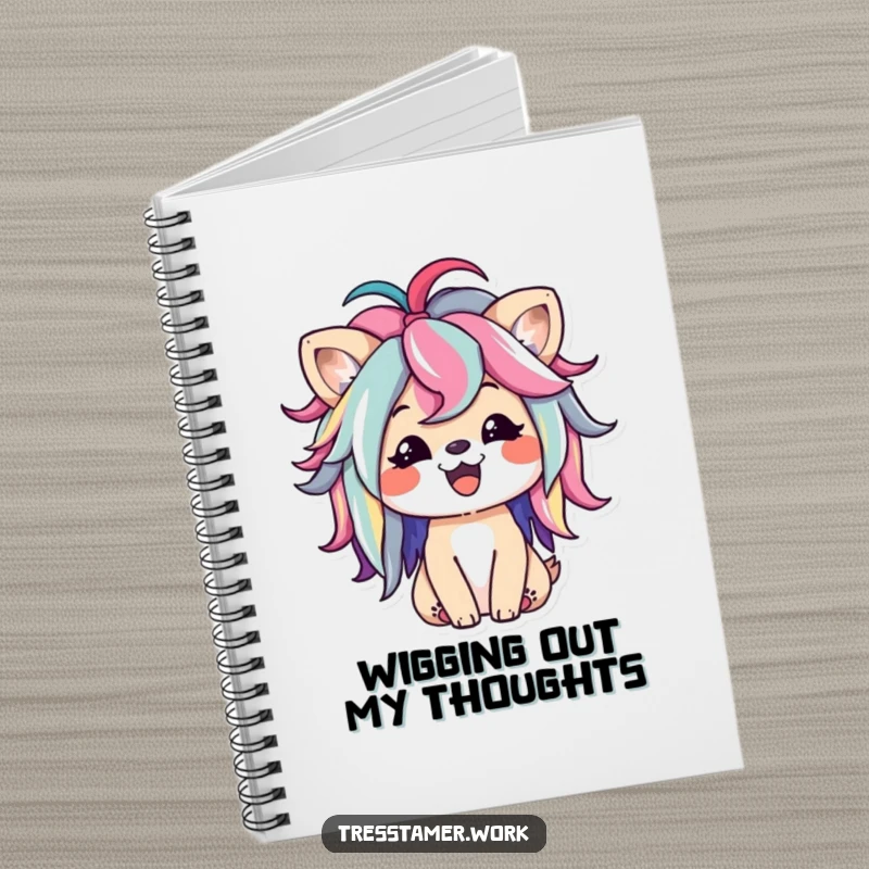 Funny notebook with a happy animal character styling a colorful wig, representing creativity and cheerful fashion. Ideal funny gift.