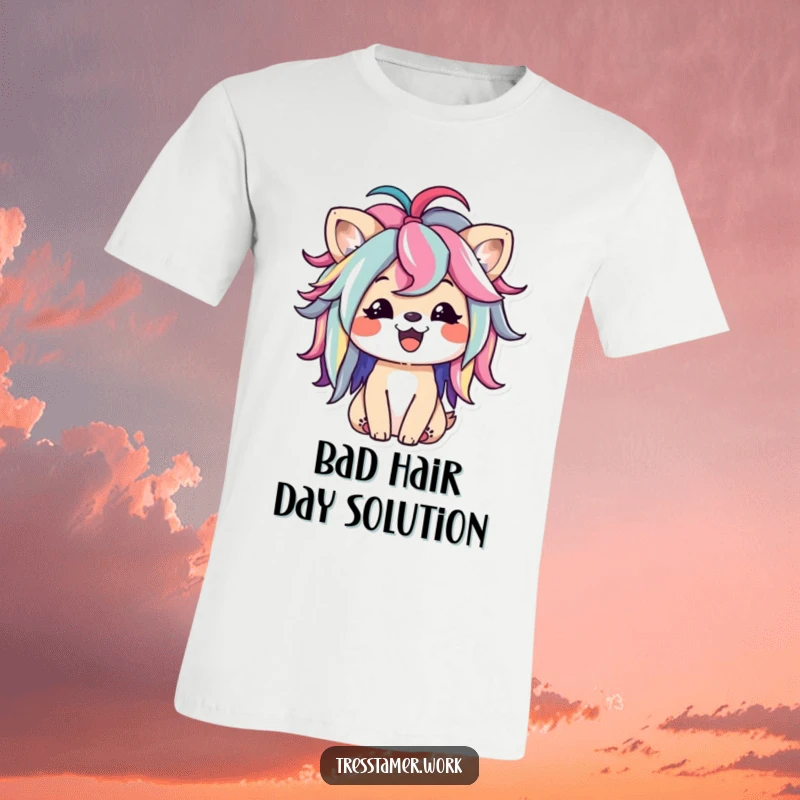 Funny t-shirt featuring a happy animal character playfully styling a bright, colorful wig, exuding joy and fashion flair. Wonderful funny gift.