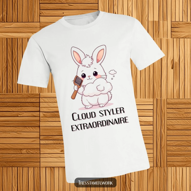 Funny fluffy bunny holding a comb, styling a tiny cloud, t-shirt, whimsical artistic design.
