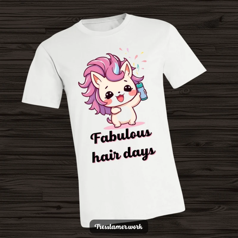 Funny t-shirt showcasing a cute animal character joyfully spritzing colorful hairspray upwards, perfect for beauty lovers and humor enthusiasts.