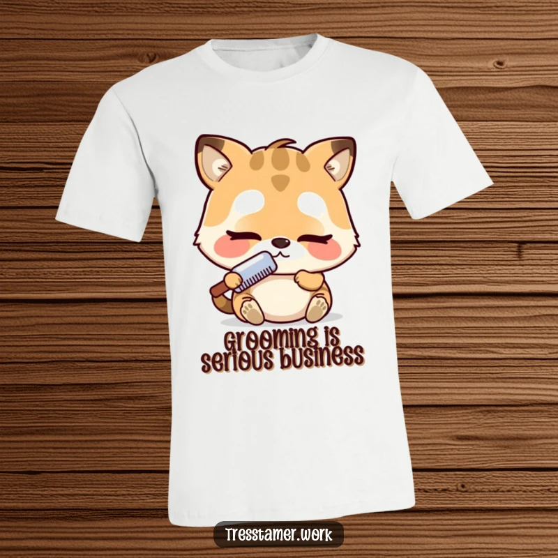 Funny t-shirt featuring an adorable animal character intensely focused on using a comb, highlighting dedication and cuteness. Great funny gift.