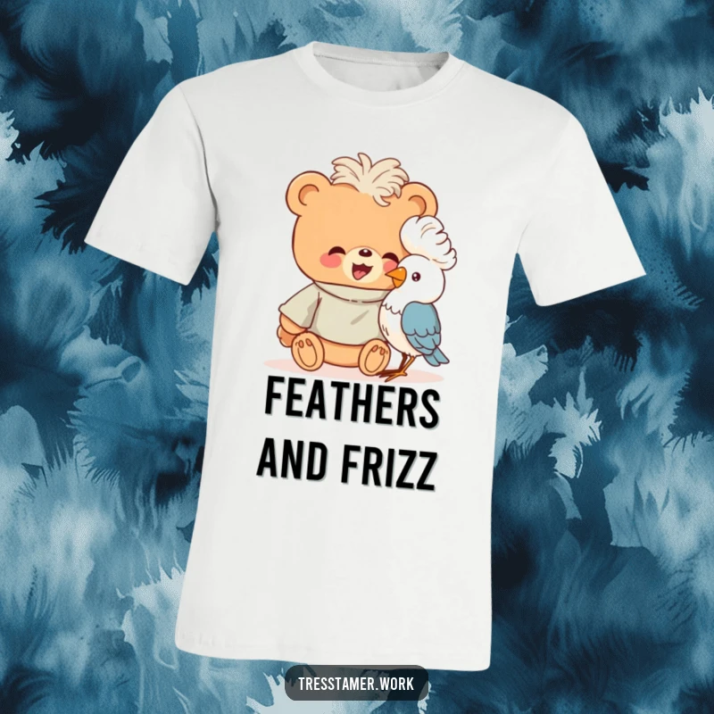 Funny giggling bear wearing a smock, attempting to perm a bird's feathers, t-shirt, animal humor.