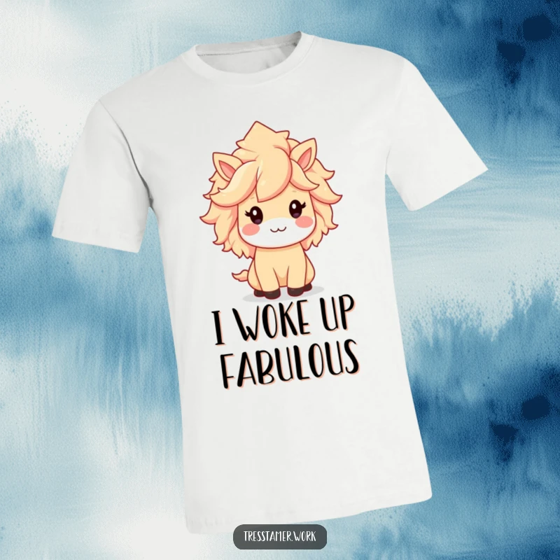 Funny t-shirt graphic of a kawaii animal character, looking proud and happy, displaying a beautifully styled and voluminous mane.