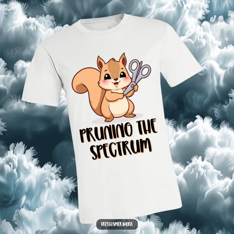 Funny cheerful squirrel with oversized scissors trimming a rainbow, t-shirt, artistic and playful design.