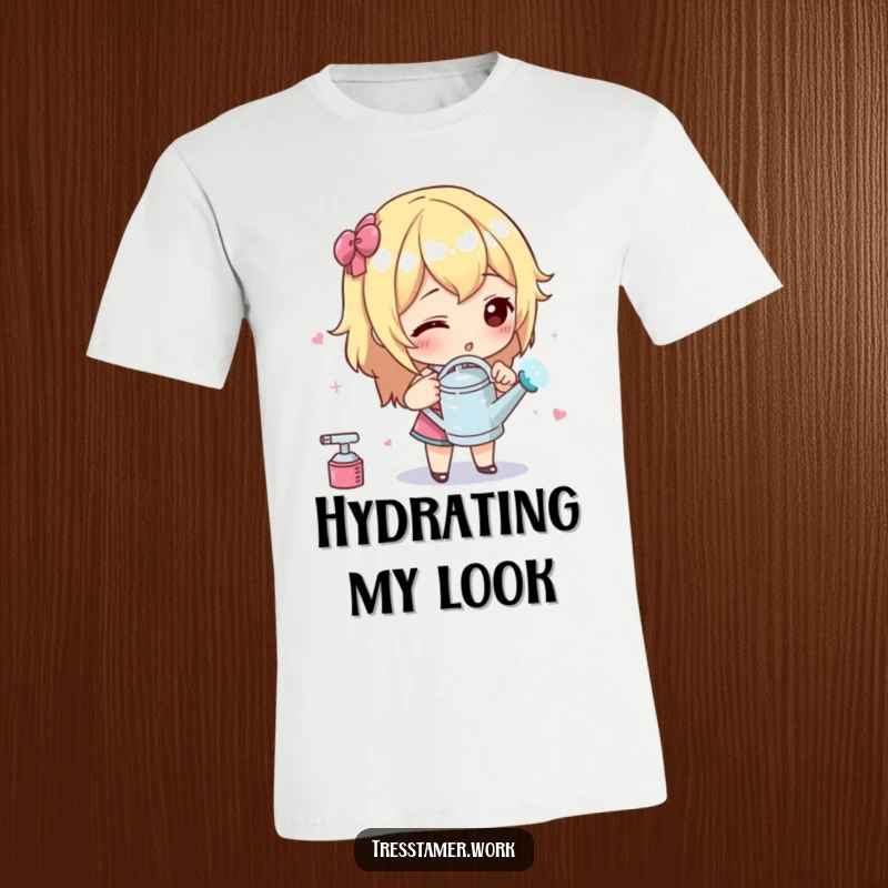 Funny t-shirt graphic of a character with a tiny watering can, spraying styling liquid with exaggerated care, precise hair styling.