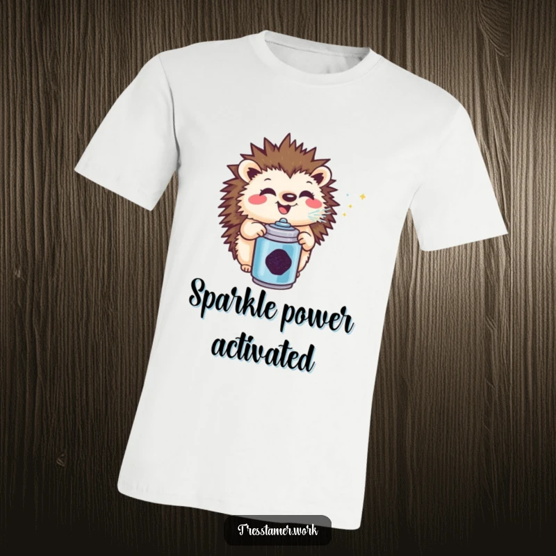 Funny hedgehog t-shirt, gleefully spraying glitter from a tiny can, capturing pure joy and humor in wearable art.
