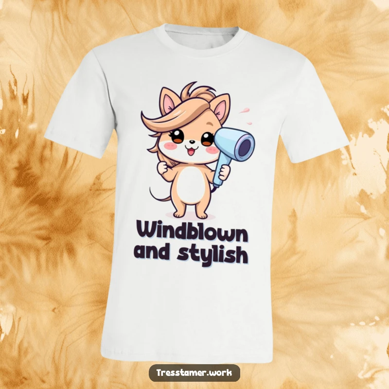 Funny t-shirt with a cheerful animal character using a hairdryer, creating a comical wind effect, showing spirited styling. Wonderful funny gift.