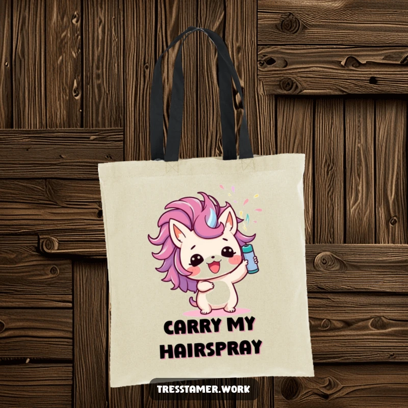 Funny tote bag with a cute animal character joyfully spraying colorful hairspray upwards, ideal for carrying beauty items with a humorous theme.