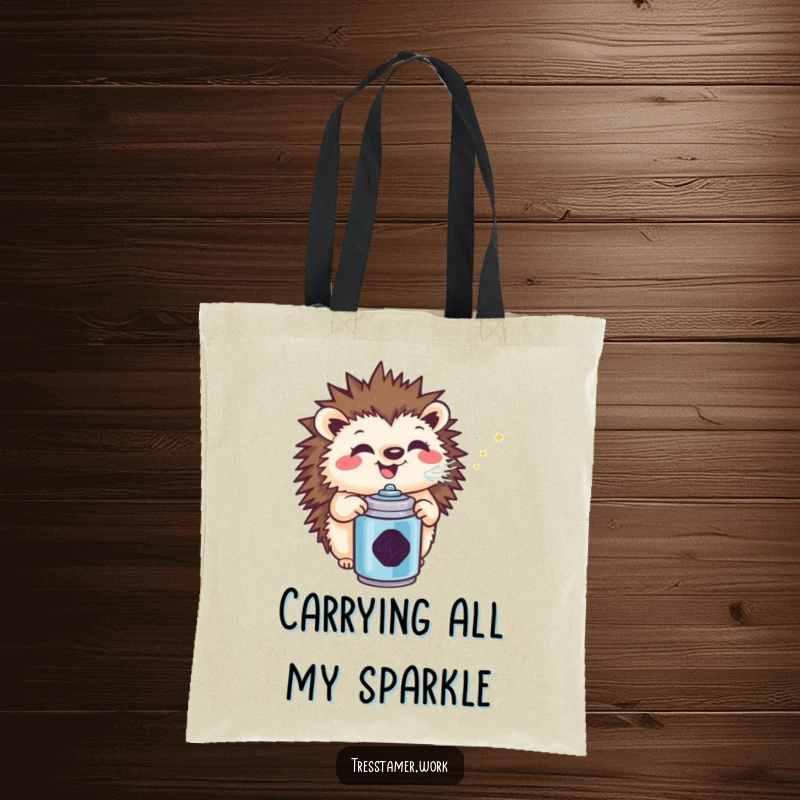 Funny hedgehog tote bag, enthusiastically spraying glitter, a practical and humorous accessory for daily use.