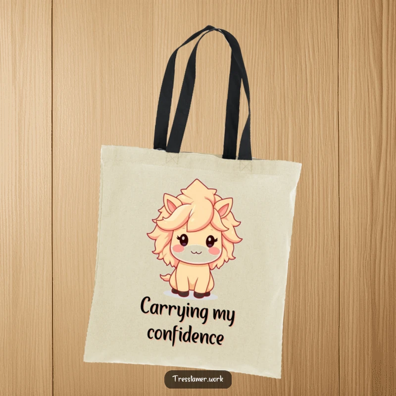 Funny tote bag with a kawaii animal character, beaming with pride over their perfectly coiffed and fabulous mane, stylish tote.