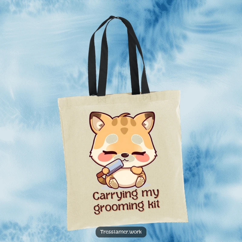 Funny tote bag with an adorable animal character intensely focused on combing, emphasizing cuteness and concentration. Wonderful funny gift.