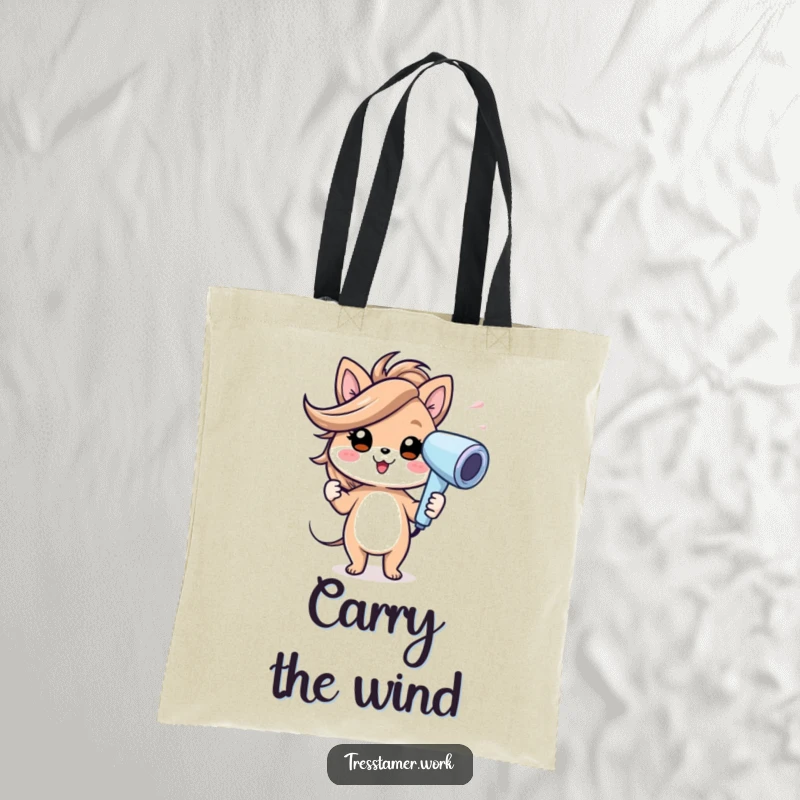 Funny tote bag with a cheerful animal character using a hairdryer, creating a gust of wind, perfect for windy day humor. Great funny gift.