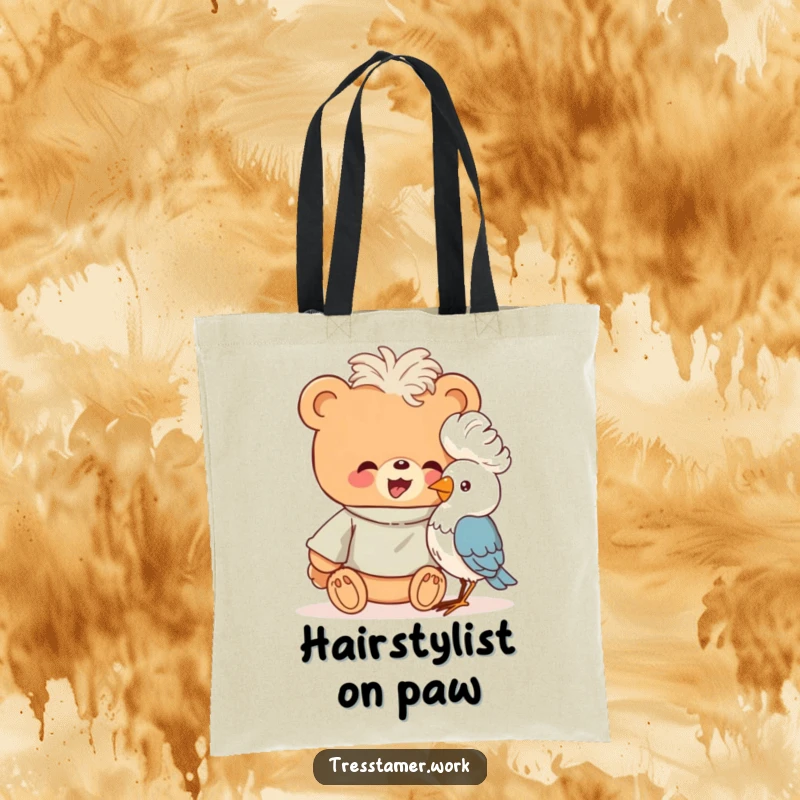 Funny giggling bear in a smock giving a bird a fluffy perm, tote bag, animal salon accessory.