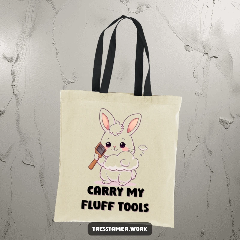 Funny fluffy bunny with comb styling a tiny cloud, tote bag, whimsical accessory, unique design.