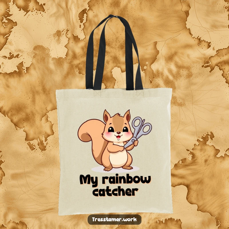 Funny cheerful squirrel using oversized scissors to trim a rainbow, tote bag, vibrant accessory, art bag.