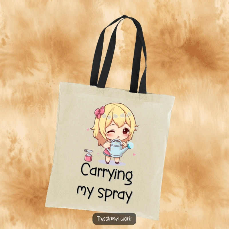 Funny tote bag with a character using a tiny watering can to apply styling liquid with utmost care, precision grooming accessory.