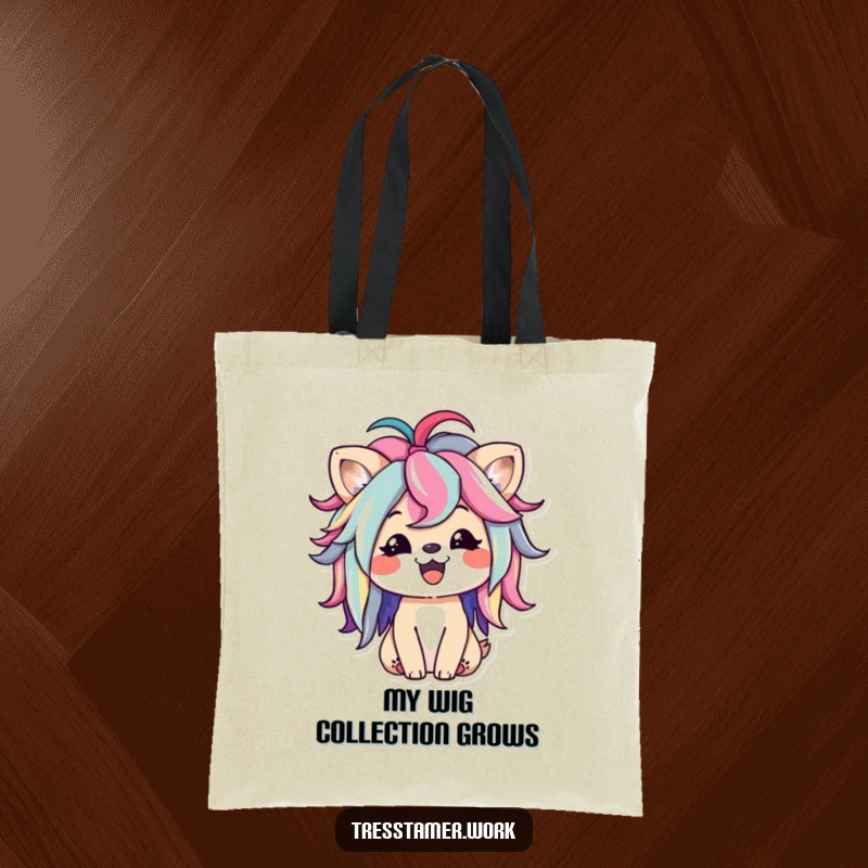 Funny tote bag with a happy animal character playfully styling a colorful wig, showcasing fun and bold fashion sense. Great funny gift.